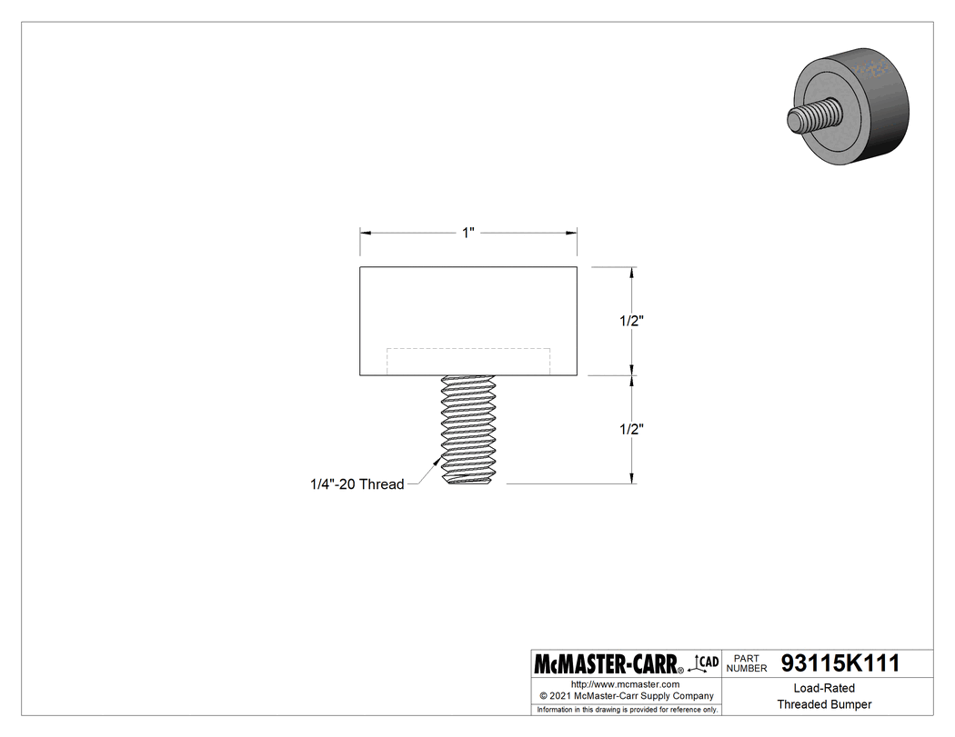 Technical Drawing of Load-Rated Reinforced Threaded Bumper, Natural Rubber, Steel Plate and 1/4"-20 Stud, 210 lbs. Maximum.